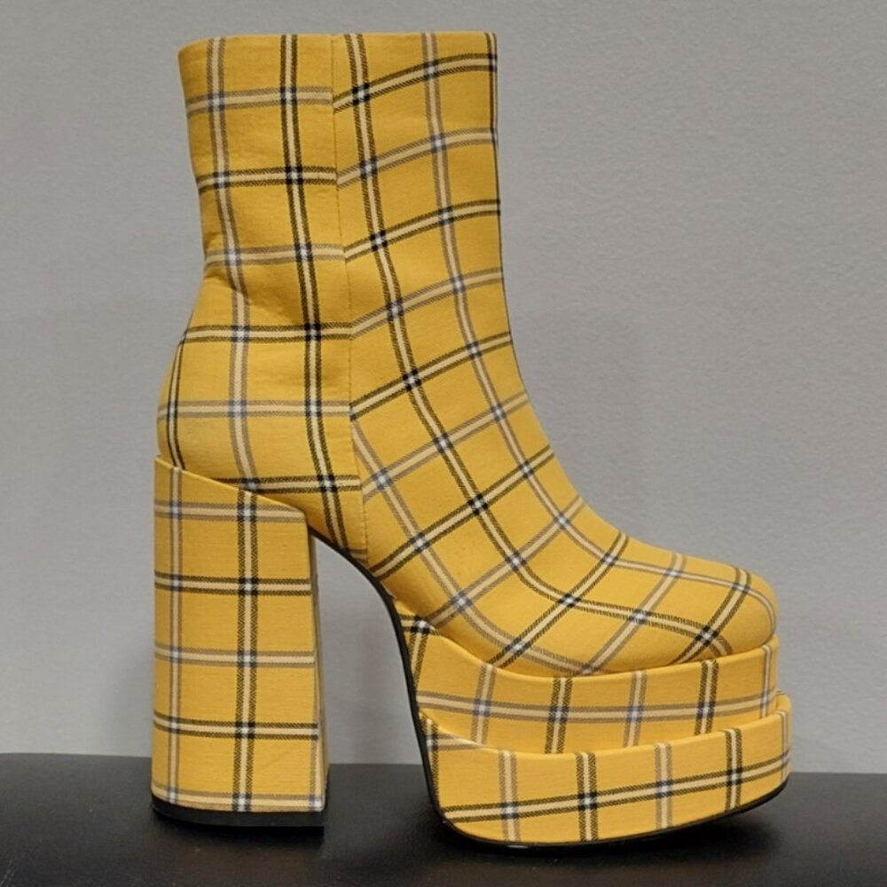 💋RETRO 70s CHIC💋Steve Madden Double Plarform Booties in Yellow & Black Plaid - Picture 10 of 16
